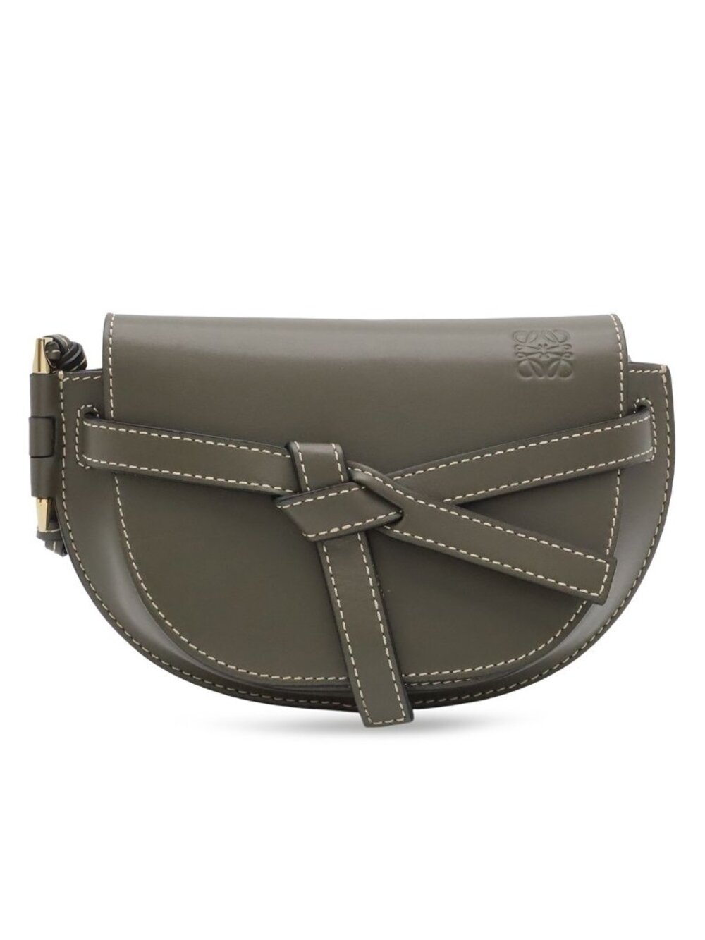 Loewe Mini Gate Bum Back Waist Pouch Belt Bag Cross Leather Khaki Gold